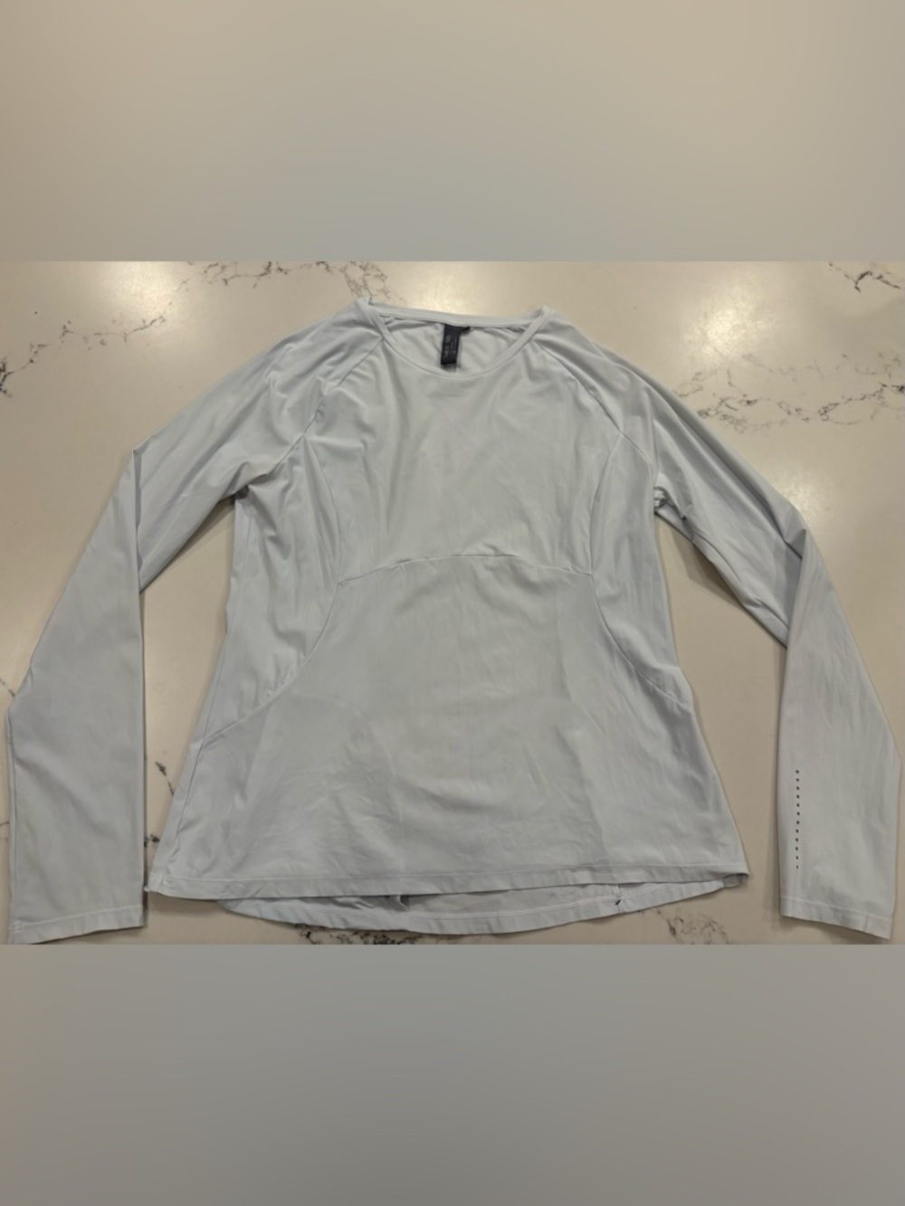 Sweaty Betty Light Gray Long-Sleeve Athletic Top with Japanese Lettering